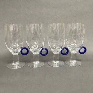 Clear Glass Cobalt Blue Ring Stemmed Glasses 6 3/8" Lot of 4